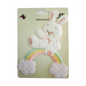 Iron-on Patch - Baby Teddy Bear with Rainbow and Clouds - Pink